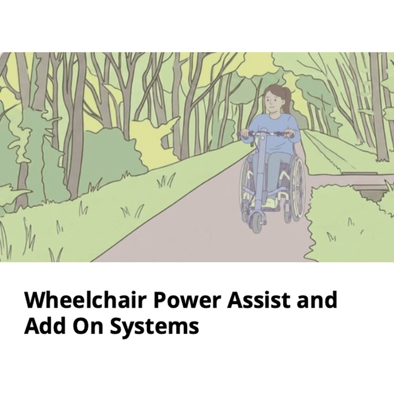 Illustration of a manual wheelchair user with a power add-on system travelling along a woodland path