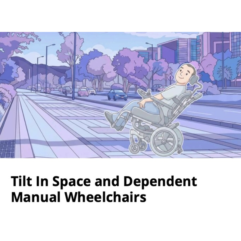 Illustration of a user seated in a tilt-in-space dependent manual wheelchair travelling along a city street