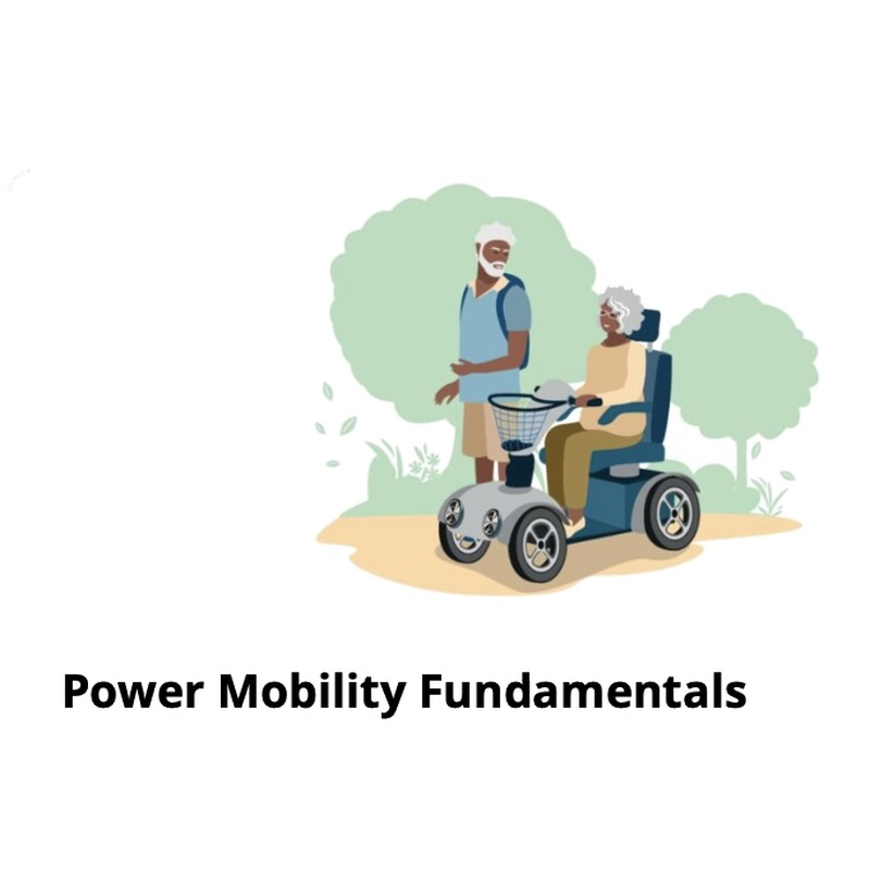 Illustration of a person driving a power mobility scooter outdoors alongside a walking companion