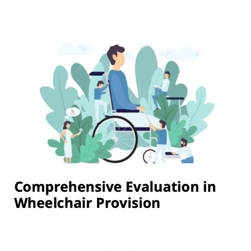 Clinical illustration of clinicians performing a comprehensive wheelchair evaluation including interview, physical assessment, and measurements