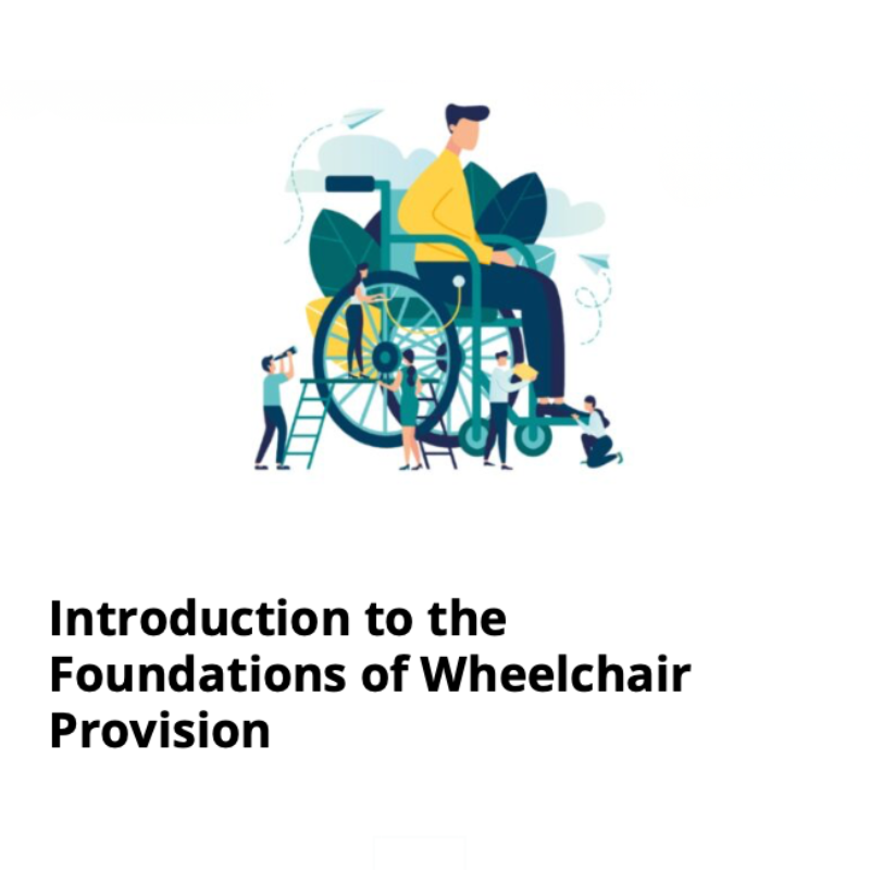 Clinical illustration of a wheelchair user surrounded by a multidisciplinary team building the foundations of wheelchair provision