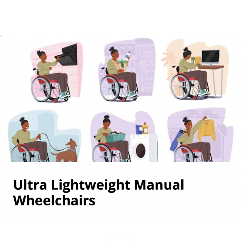 Illustrations of an ultra lightweight manual wheelchair user performing daily activities at home and in the community